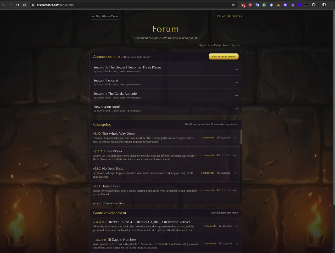 The Atlas of Doors forum: announcements for Season III, a changelog with one thread per version, and a game development section with telemetry and marketing write-ups.