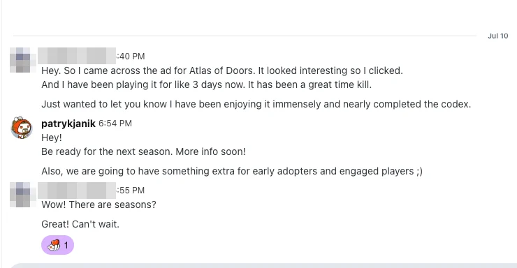 Reddit message from a player: they came across the ad, clicked, have been playing for three days, calls it a great time kill, says they have been enjoying it immensely and nearly completed the codex.