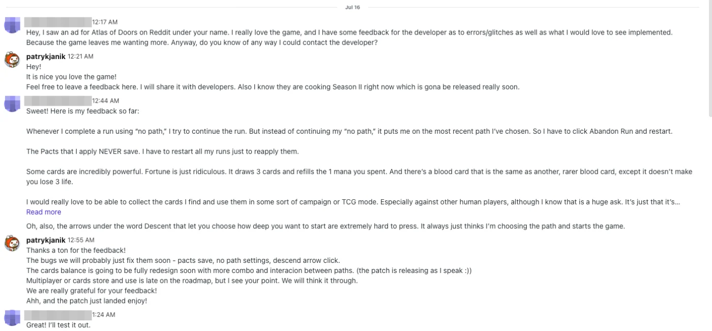Longer Reddit exchange: a player reports that no-path runs put them back on the previous path, Pacts never save, some cards are overpowered, the Descent arrows are hard to press, and asks for a card-collection or TCG mode. The dev replies committing to fixes.