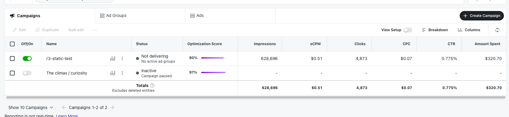 Reddit campaigns view