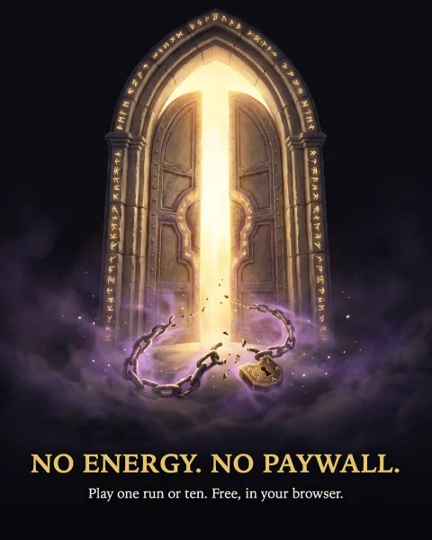 The honest ad: a runed stone door with its chains snapped and a padlock falling away