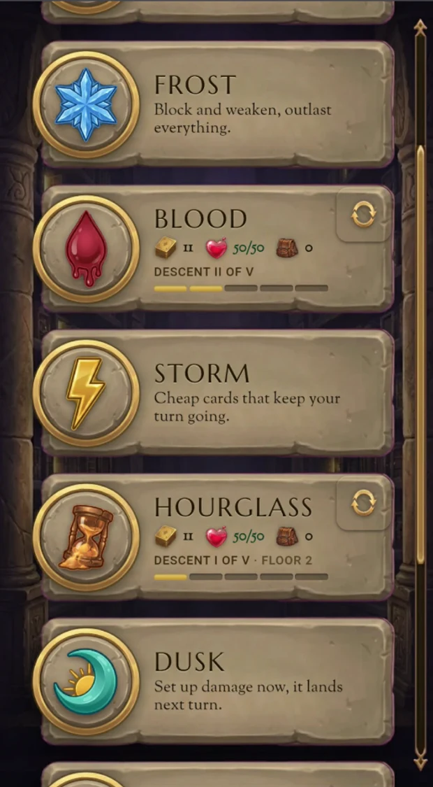 The path picker, with two decks mid-climb: Blood on its second descent, Hourglass on its first, floor 2.