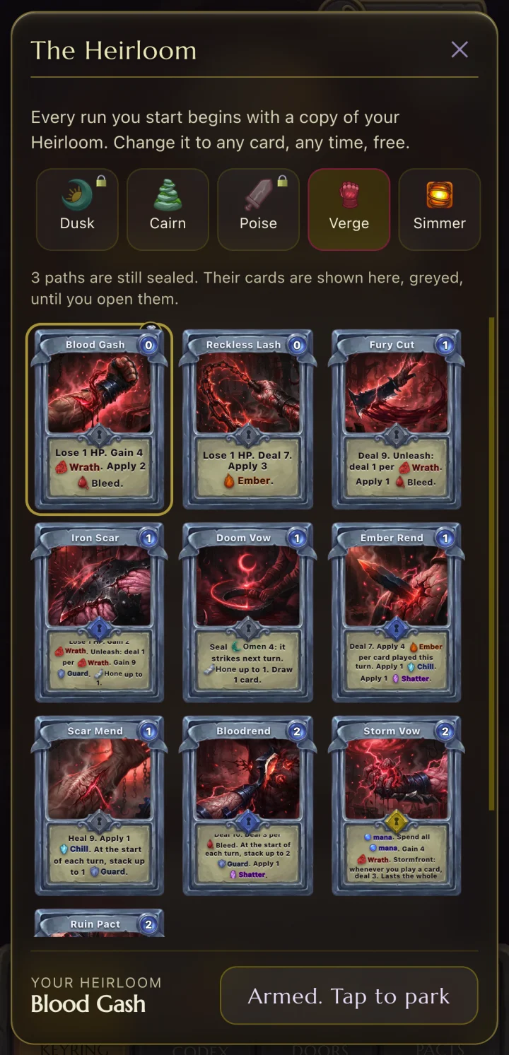 The Heirloom card picker on the Verge tab: a grid of real Verge card faces in crimson, one wearing a diamond badge as the armed card