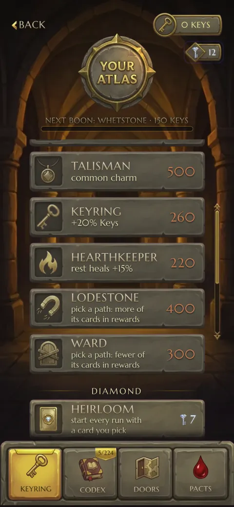The Keyring screen, showing Keys-priced upgrades and the diamond-priced Heirloom row