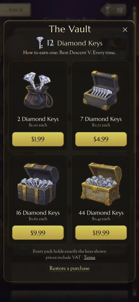 The Vault sheet in the game, showing the four Diamond Key packs and their prices