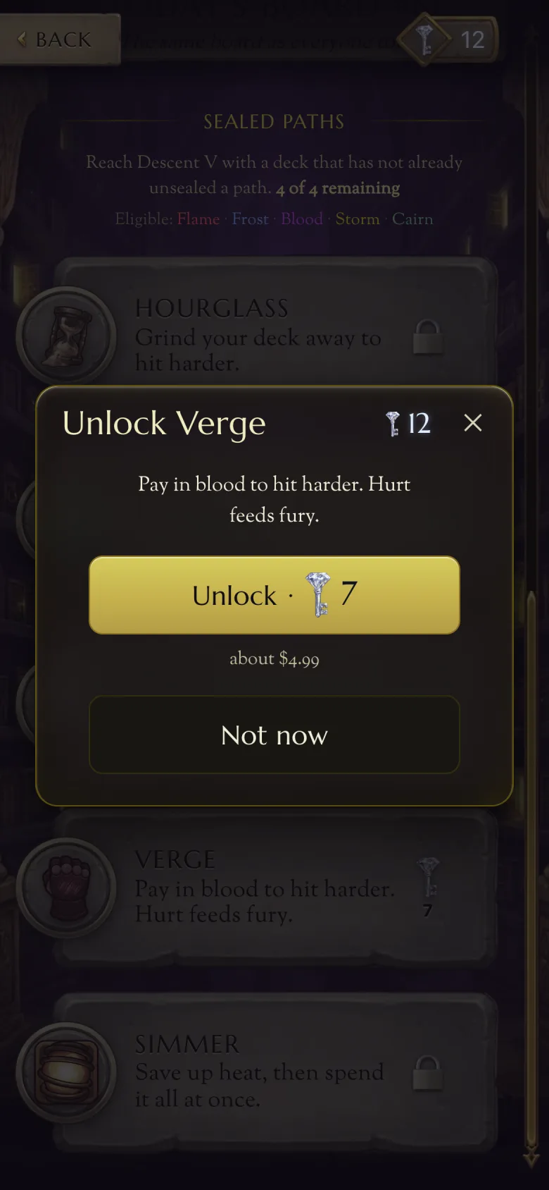 The Unlock Verge sheet, showing 7 Diamond Keys and about $4.99