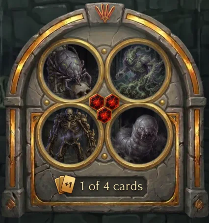A door with four monsters: four swords on top, 3 red crystals in the middle