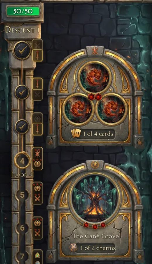 A real climb on floor 4: a door with three monsters (three swords, two crystals) above an elite door