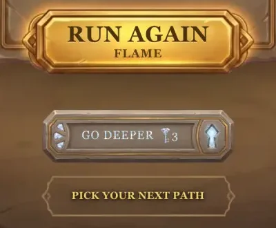 The Descent V win screen: Run Again, and under it the Go Deeper button marked with 3 Diamond Keys