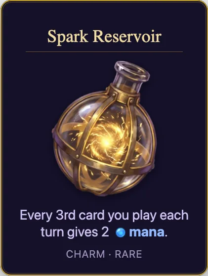 Spark Reservoir: Every 3rd card you play each turn gives 2 mana. Charm, rare.