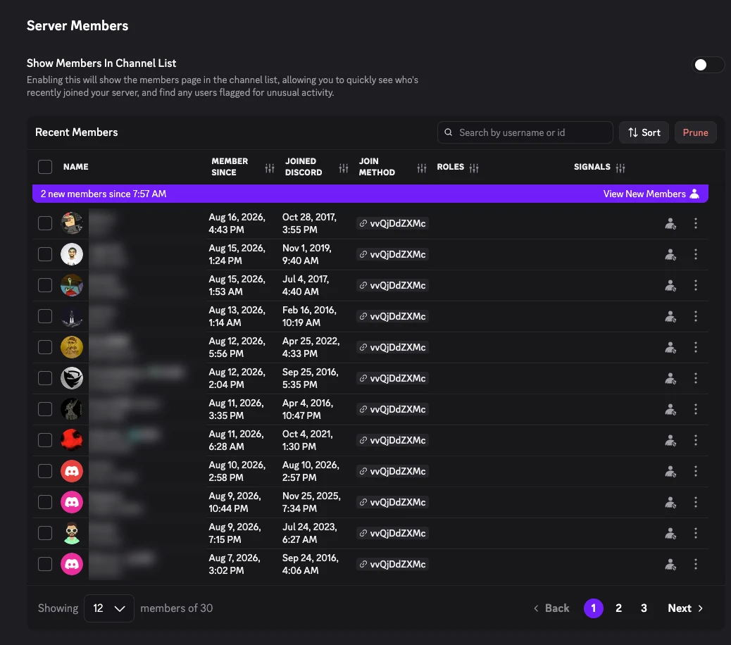 The Atlas of Doors Discord server member list, showing 30 members with names blurred, joining between August 7 and August 16 2026.